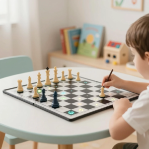 child playing chess focusing on board with calm environment