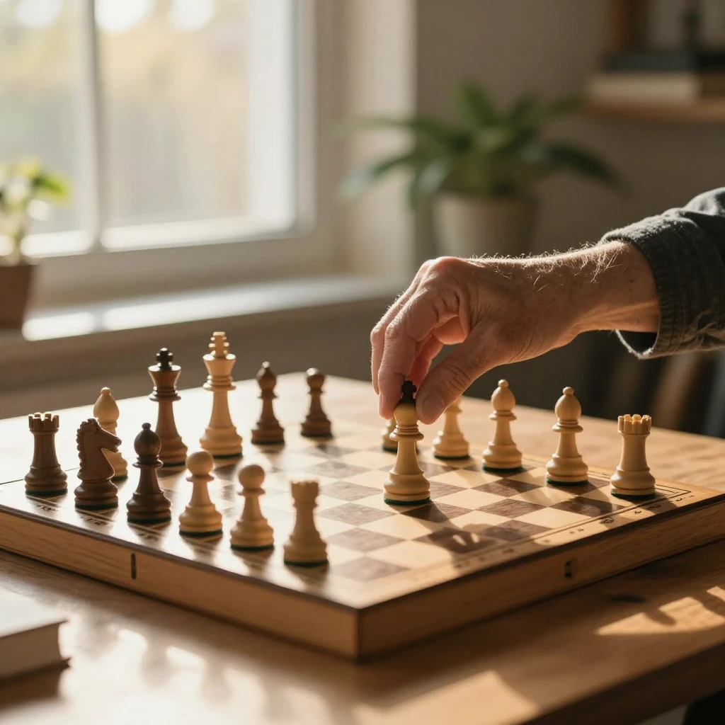 adult learning chess online with board and laptop