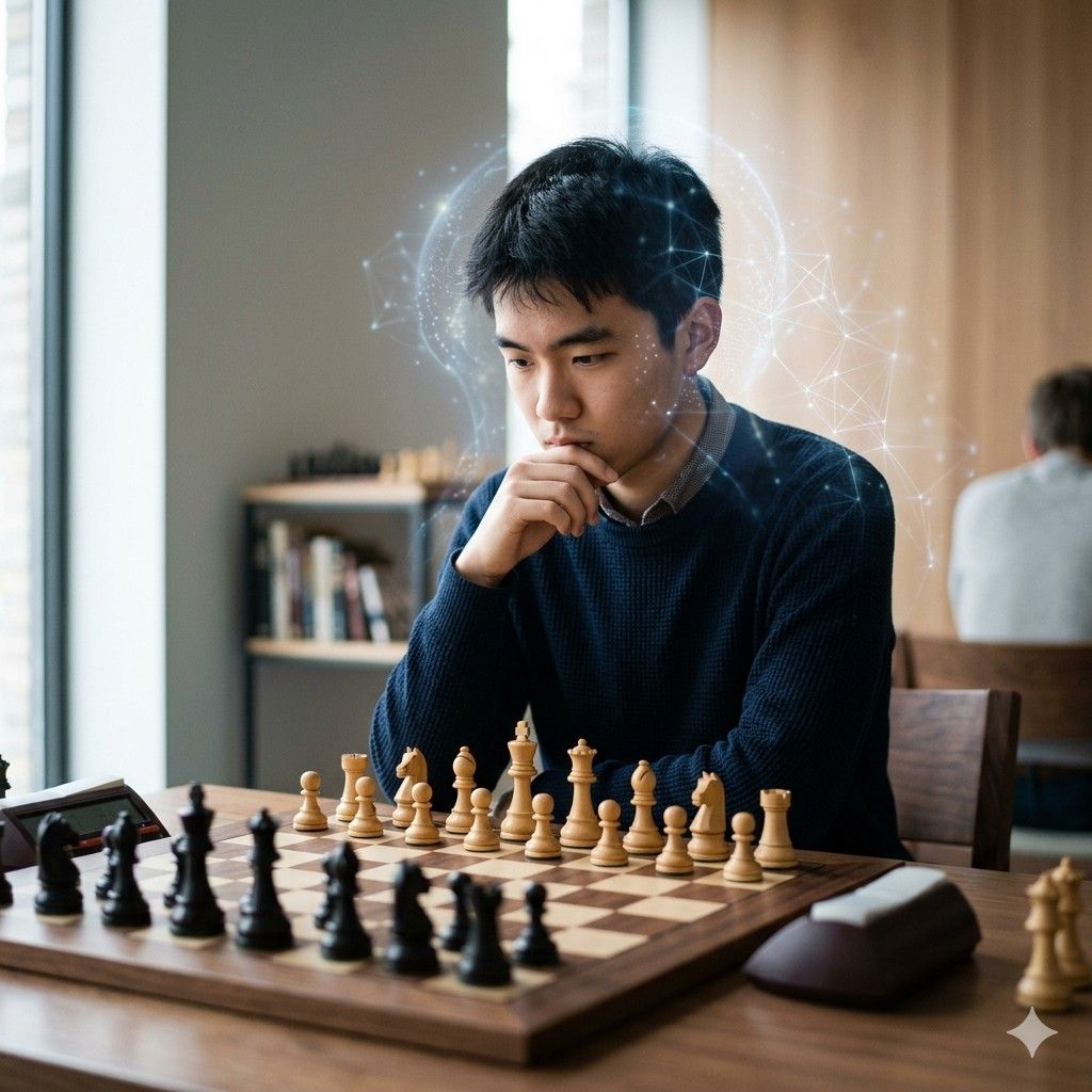 Chess player thinking deeply before making a move