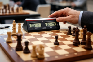 chess clock on board during tournament gameplay