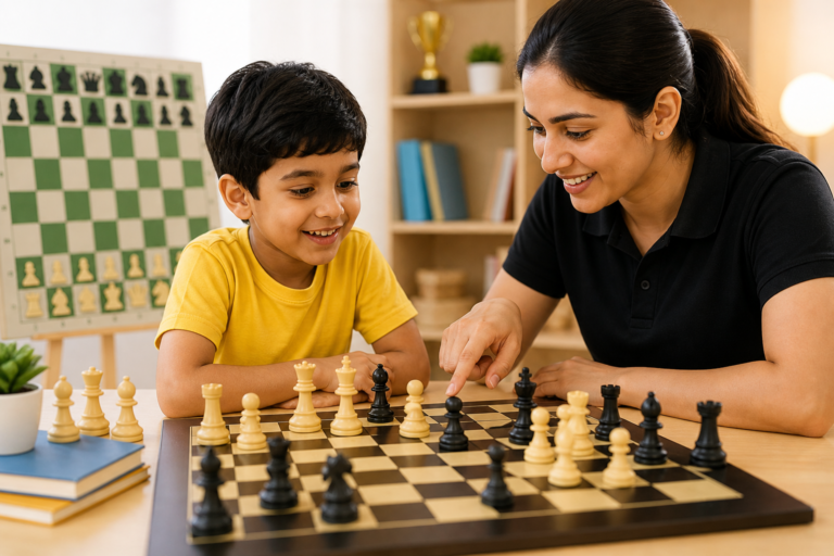 Kid learning chess basics