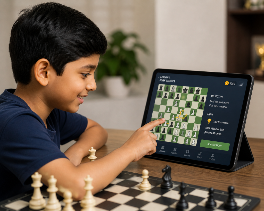 Kid using chess app