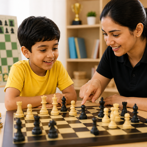 Kid learning chess basics