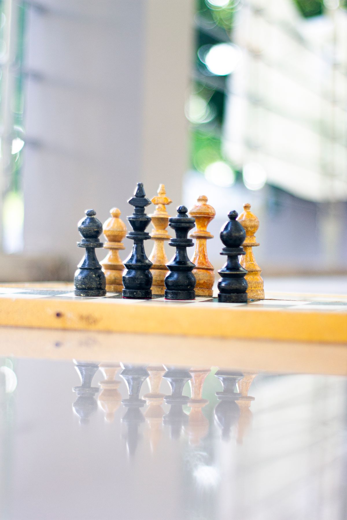 Chess pieces with natural light highlighting white pieces for chess openings