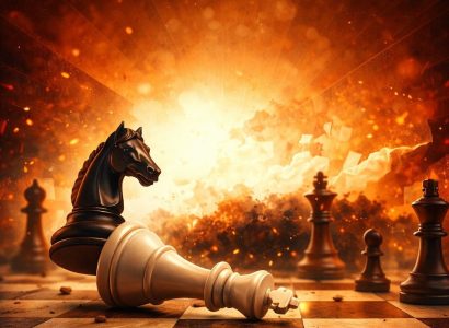 Fallen king and knight on a chessboard with fiery background, showing a blunder