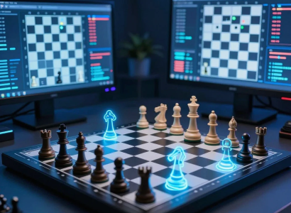 chess engine analysis on laptop screen with board