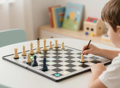 child playing chess focusing on board with calm environment