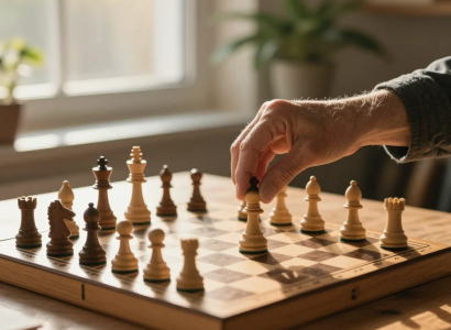 adult learning chess online with board and laptop