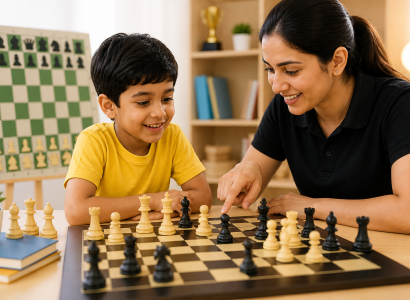 Kid learning chess basics