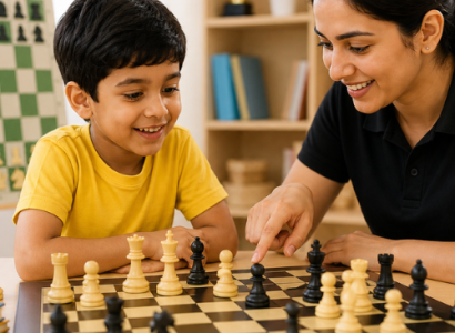 Kid learning chess basics