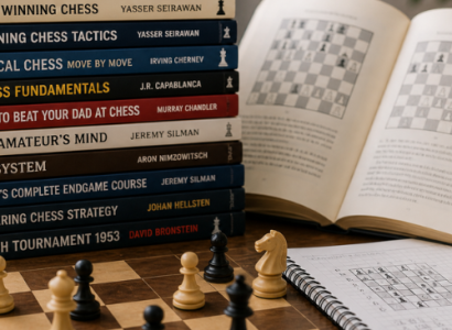 Beginner chess books and board